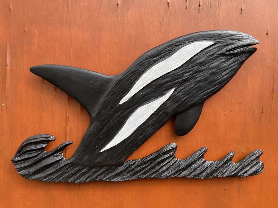 outdoor wooden orca piece by Vancouver Island Woodworker Kim Reavley