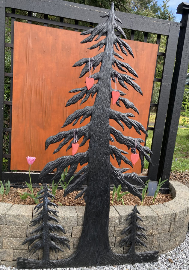 large outdoor wooden tree decor by Vancouver Island Woodworker Kim Reavley