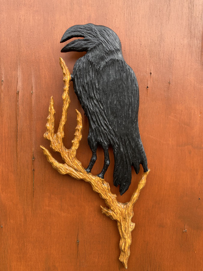 Crow on branch wood artwork by Vancouver Island Woodworker Kim Reavley