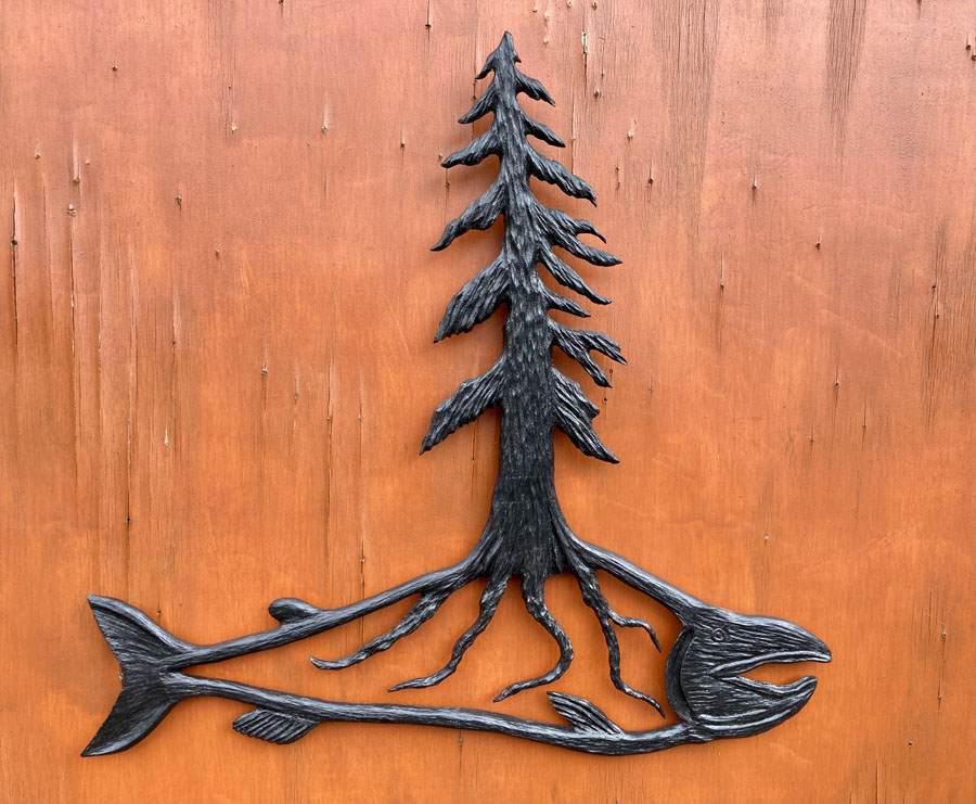 Salmon forest wood artwork by Vancouver Island Woodworker Kim Reavley