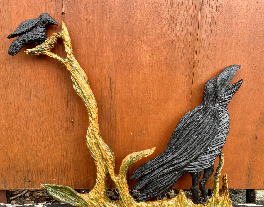Crows on branches wood artwork by Vancouver Island Woodworker Kim Reavley
