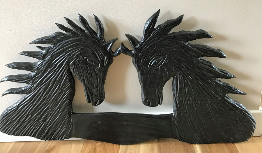 Vancouver Island Wood Carving of two black Horse Heads