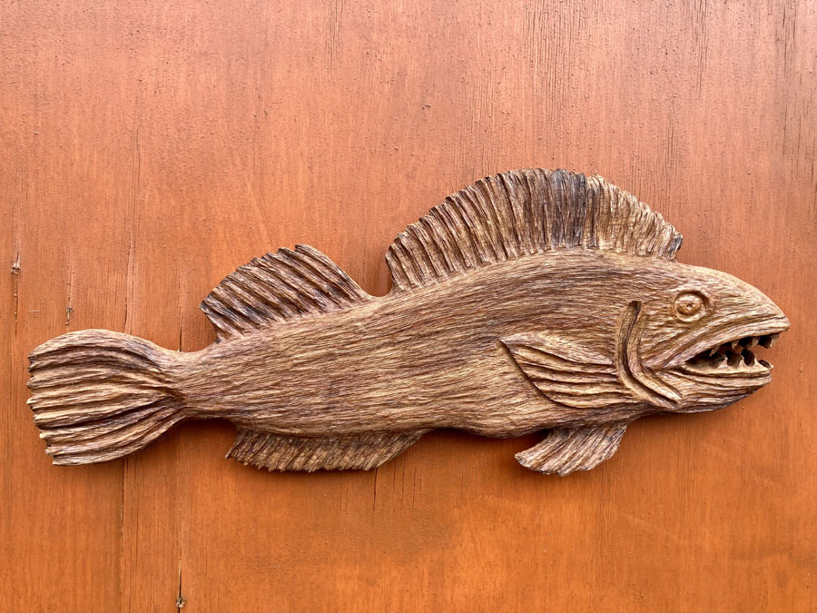 Wood carving of a salmon by Vancouver Island Woodworker Kim Reavley