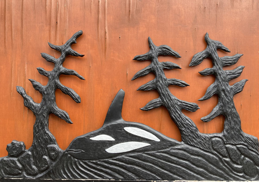 Wood carving of tree and orca by Vancouver Island Woodworker Kim Reavley